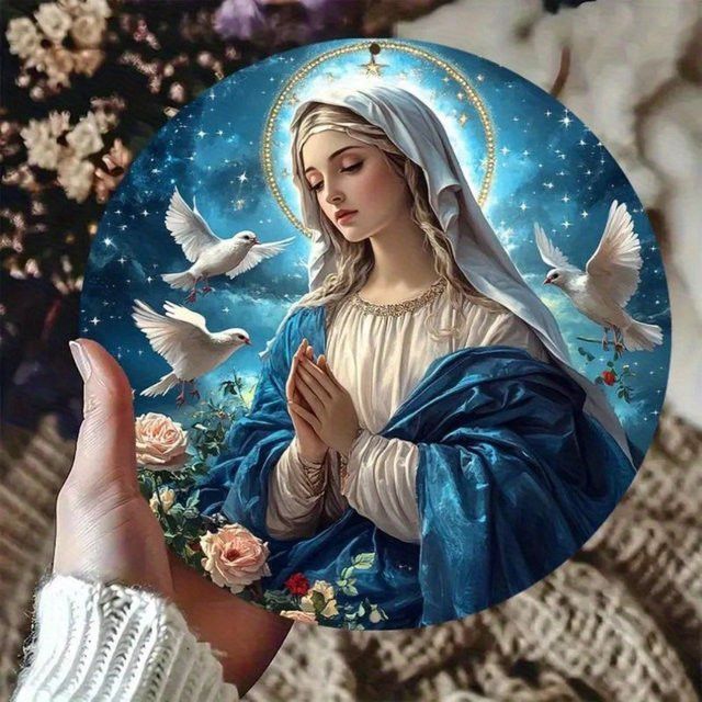 HELLOYOUNG Religiöse Wandkunst Jungfrau Maria mit Sternennacht und Taubenblumen-Design aus Aluminium, Höhe: 20,3 cm, Breite: 20,3 cm, Tiefe: 1,0 cm - Bild 1
