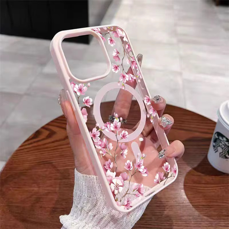 Elegante Magnetische Hülle mit rosa Kirschblüten Blumenmuster für Samsung Galaxy S26 S25 Ultra S24 Plus S23 FE A57 A37 A17 A16 A56 A55 in Pink und Weiß mit kabelloser Ladefunktion - Bild 4