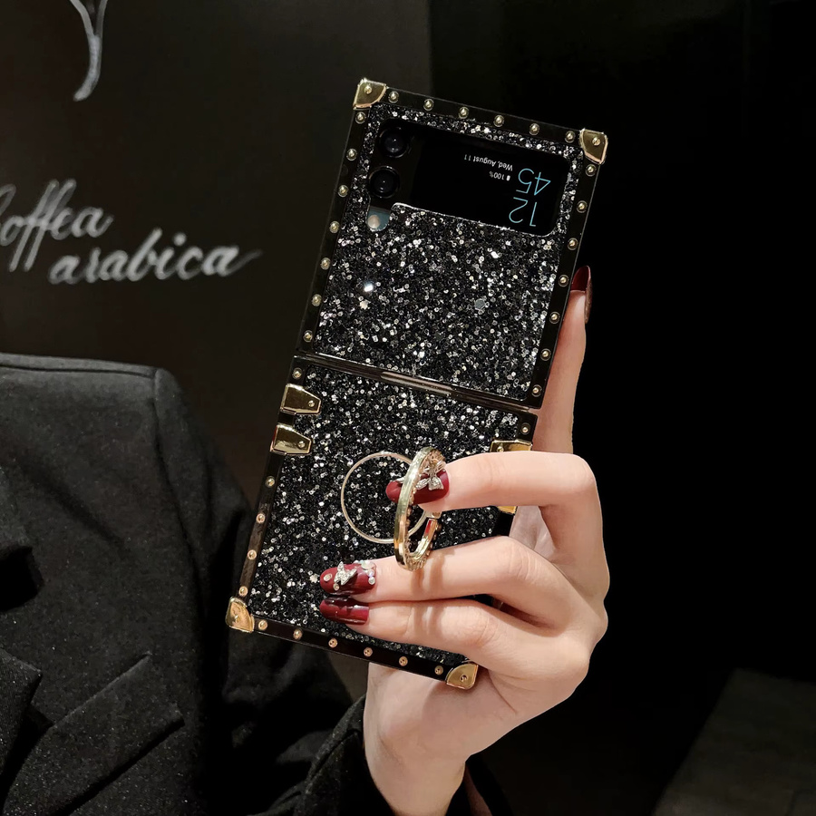 Luxuriöse Handyhülle aus Glitzer-Strass-Leder für Samsung Galaxy Z Flip 7 FE, 6, 5, 4, 3 mit glänzendem Halter, Schwarz - Bild 2