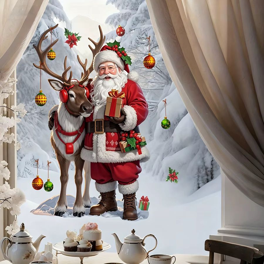 DUTRIEUX Selbstklebender Weihnachts-Fenstersticker aus PVC mit Santa, Rentier und Schneeglobus, Multicolor - Bild 3