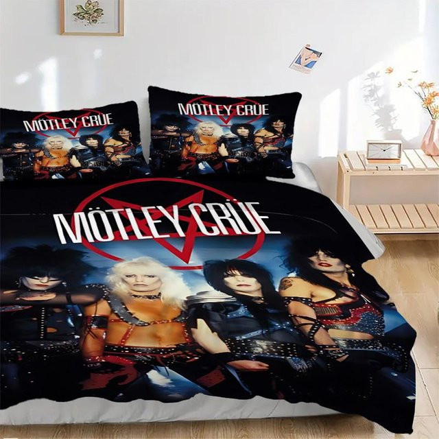 3-teiliges Motley Crue Glam Metal Bettwäsche-Set in Schwarz, bestehend aus 1 Bettbezug und 2 Kissenbezügen, B/T: 140 x 200 cm - Bild 1