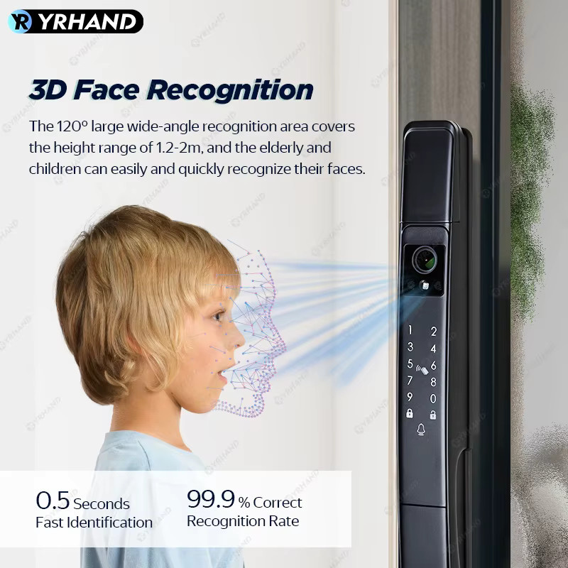 YRHAND Tuya WiFi Elektronisches Digitales Schiebetürschloss mit 3D-Gesichtserkennung, Visuelles Intercom und Wasserdichtigkeit, Farbe: Schwarz - Bild 4
