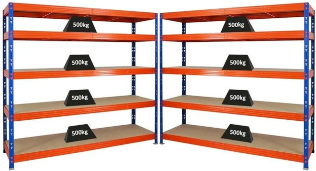 PROREGAL Rhino Schwerlastregal Set 2er Pack Blau/Orange, H x B x T: 180 x 200 x 60 cm, 5 Ebenen mit Spanplatten, Fachlast 500 kg - Bild 1