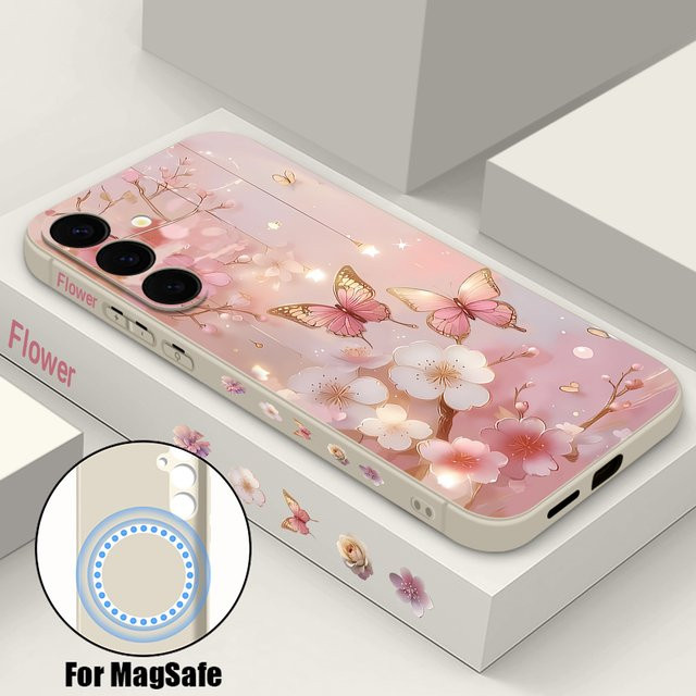 Magnetische Handyhülle mit Schmetterling und Blumen für Samsung Galaxy S25 S24 Ultra S23 S22 Plus S24 FE A56 A55 A16 A15 A36 in Beige und Weiß aus weichem TPU - Bild 1