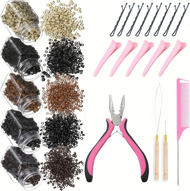 Mikroring-Haarverlängerungsset, 500-teilig, mit Perlen, Zange, Haken, Nadel, Zugschlaufe, Krokodilklemmen, Kamm - Bild 1