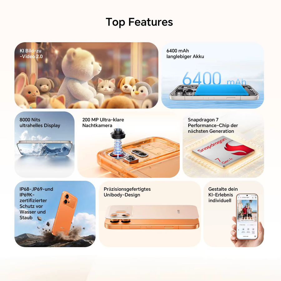 HONOR 600 Smartphone 5G Orange mit 256GB/512GB Speicher, 8GB RAM, 200MP AI-Kamera und 6,57 Zoll AMOLED Display, Snapdragon 7 Gen 3, 6400 mAh Akku, Android 16 - Bild 3