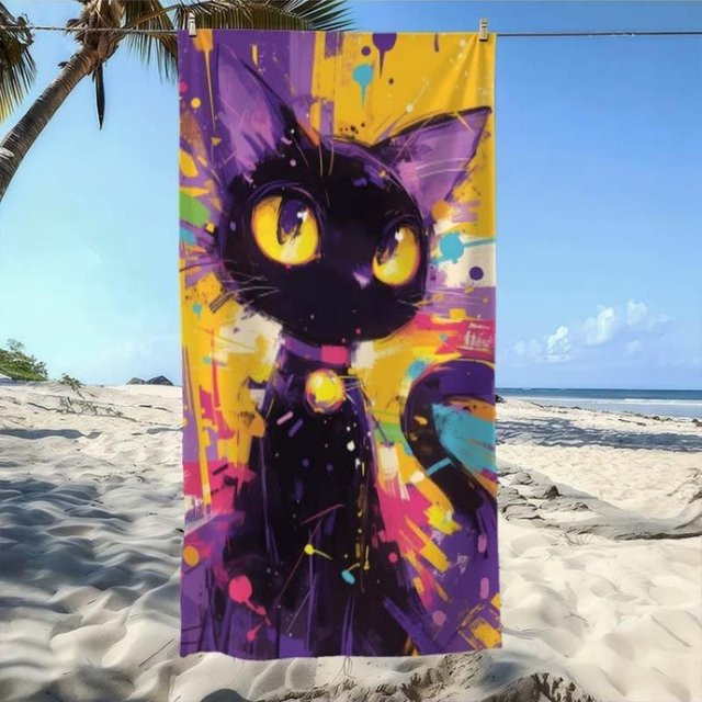 Strandtuch Shanika Chen mit Motiv Schwarze Katze und gelben Augen, schnelltrocknend und saugfähig, Breite: 30 cm, Höhe: 60 cm - Bild 1