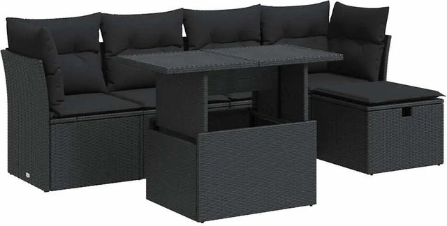 vidaXL 6-tlg. Garten-Sofagarnitur in L-Form aus Polyrattan mit Kissen, Schwarz - Bild 1