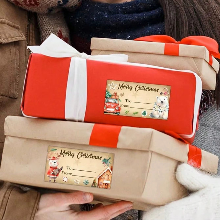 180 Stück selbstklebende Weihnachtsgeschenkanhänger im Vintage-Stil mit Pinguin, Weihnachtsmann und Schneemann in Rot und Multicolour - Bild 3
