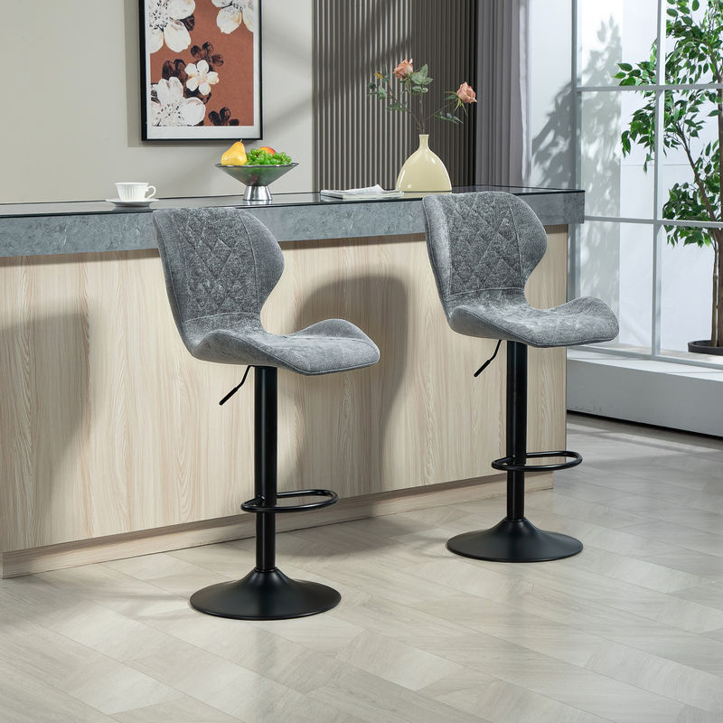 HOMCOM Barhocker 2er-Set in Dunkelgrau mit Chenille-Optik, höhenverstellbare gepolsterte Barstühle mit Lehne und Fußstütze, 360 Grad drehbar mit Stahlgestell - Bild 2