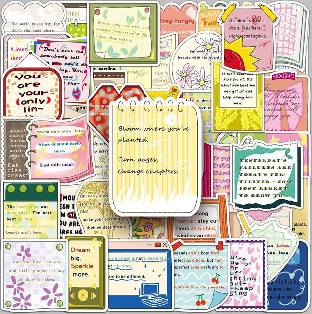 50 Stück Motivationsaufkleber mit positiven Zitaten von RecordingYourLife Store, minimalistisch und handgezeichnet, Mehrfarbig - Bild 1