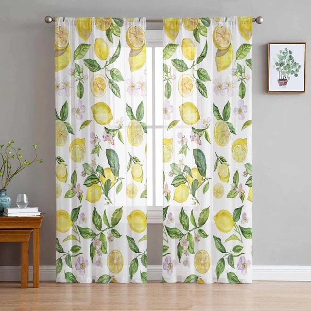 Yiran Furniture Transparente Vorhänge mit Frucht-Aquarell-Design Zitrone und rosa Blumen aus Tüll und Organza, Breite: 135 cm, Höhe: 160 cm - Bild 1