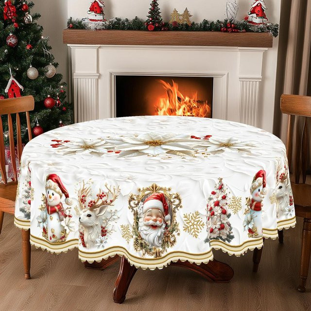 JINGYUE Pet Weihnachts-Tischdecke im Vintage-Bauernhaus-Stil mit Weihnachtsmann, Rentier und Weihnachtsbaum, weiß, Durchmesser: 180 cm - Bild 1