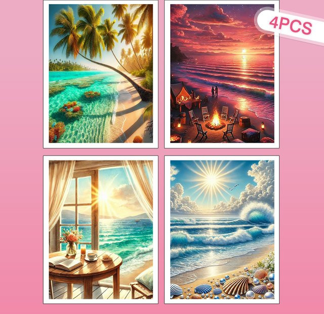 HUACAN 4-teiliges Diamant-Kunstbild Meereslandschaft mit Strand und Sonnenuntergang in Blau und Multicolour, DIY Mosaik Set mit runden Strasssteinen - Bild 1
