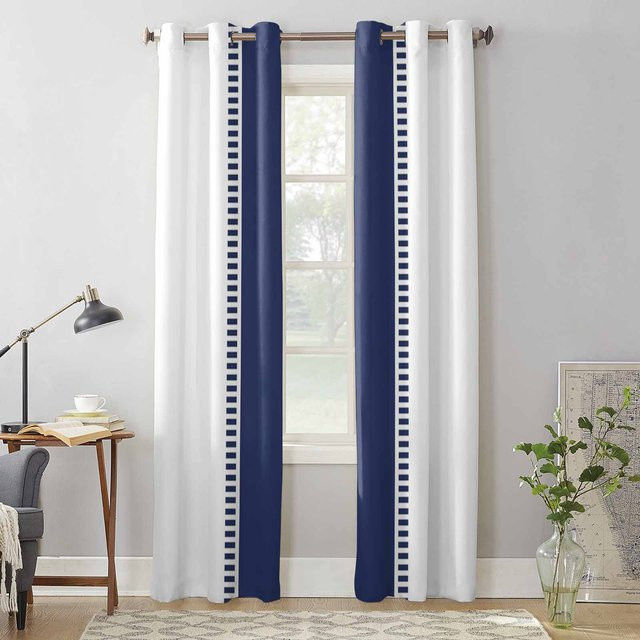 Super Six Vorhang mit blauem Streifenmuster in Weiß, semi-transparent, B: 135 cm, H: 60 cm - Bild 1