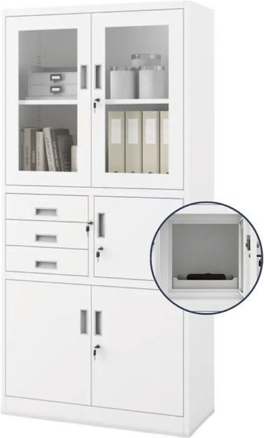 DELUKE Vitrinenschrank Weiß mit Glastüren und abschließbaren Schubladen aus Stahl, H x B x T: 185 x 90 x 40 cm - Bild 1