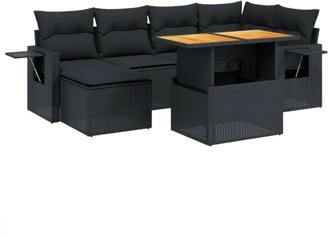 vidaXL 7-teilige Garten-Sofagarnitur in L-Form aus Polyrattan und Akazienholz mit Kissen, Schwarz - Bild 1