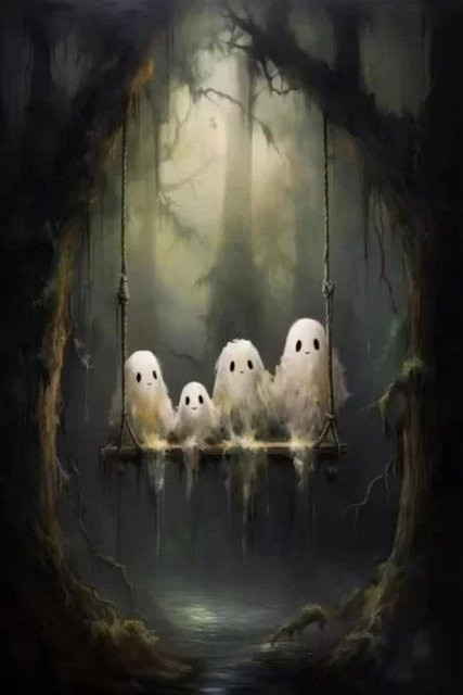 Leibert Art Decoration Halloween Geist Poster als Leinwanddruck für dein Zuhause, Motiv: Niedlicher Geist im Wald, Farbe: Weiß, B/H: 21 x 30 cm - Bild 1