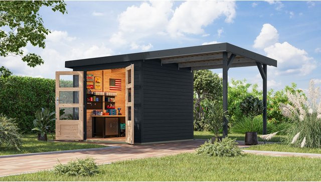 Karibu Gartenhaus Hollywood aus Holz und Metall mit Anbaudach - Bild 1