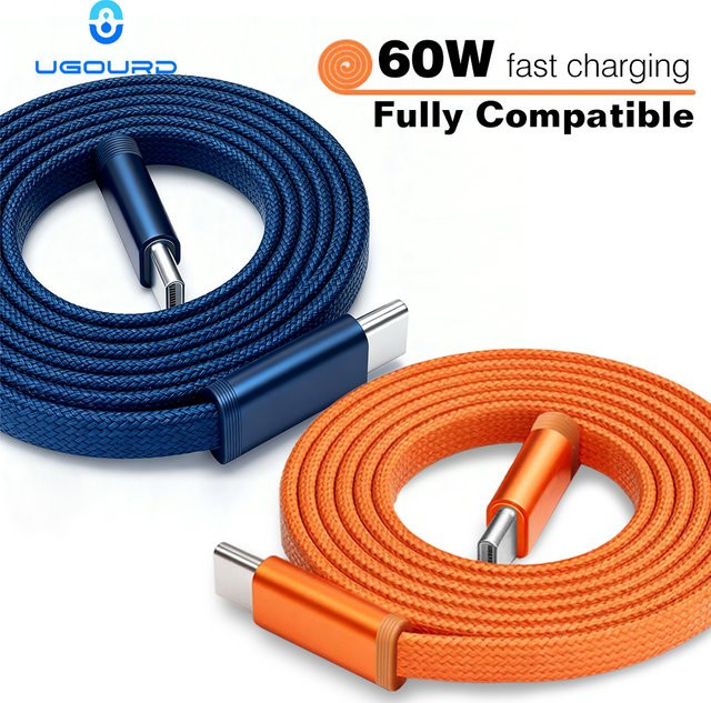UGOURD USB-C auf USB-C Schnellladekabel 60 W in Orange und Tiefblau mit gewebtem Flachkabel - Bild 1