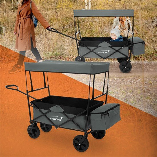Hauki Bollerwagen faltbar mit Dach und Tasche in Grau für Kinder, Camping und Garten - Bild 1