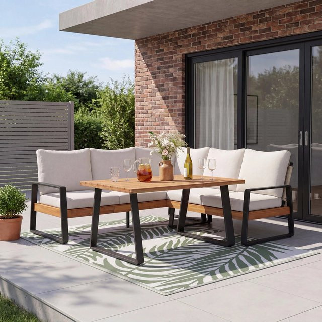 Bessagi Garden Dining-Loungeset Alexa L-Form aus Akazienholz und Metall mit Outdoorstoff und Dekokissen in Beige, Anthrazit und Weiß - Bild 1