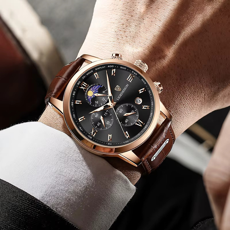 LIGE Armbanduhr Herren, Quarz, Chronograph, Leder, Schwarz, Roségold - Bild 4