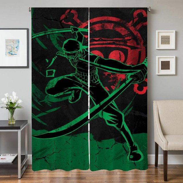 2er-Set Verdunkelungsvorhänge Roronoa Zoro mit Grafikdesign für Wohnzimmer, Schlafzimmer und als Raumteiler, Mehrfarbig, Breite: 50 cm, Höhe: 70 cm - Bild 1