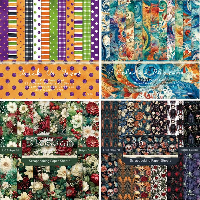 Alinacutle Junkjournal Halloween Blumen Papierpaket mit 24 Blatt, gemusterter Papierblock für Scrapbooking in Multicolour, Breite: 15,2 cm - Bild 1