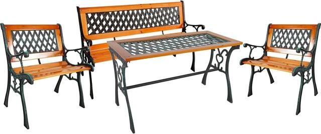 Mojawo 4-teiliges Gartenmöbel-Set aus Gusseisen und Holz mit Gartentisch und Glasplatte sowie Gartenbank und 2 Gartenstühlen - Bild 1