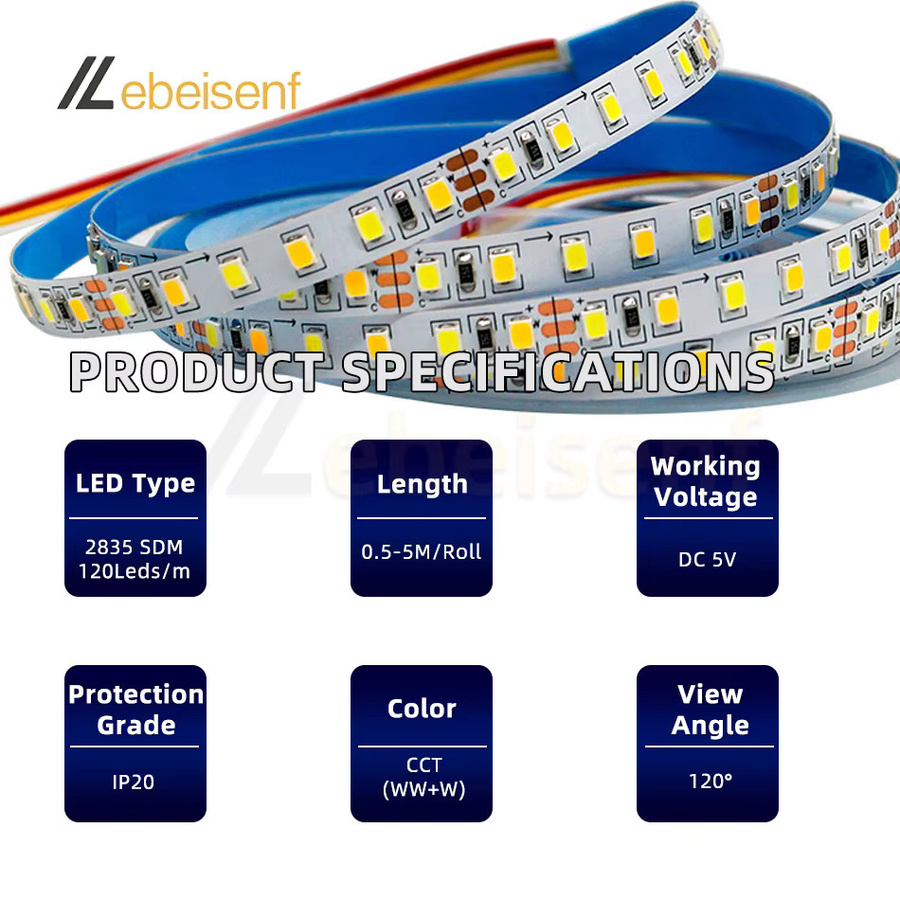 Lebeisenf USB LED Streifenlicht-Set Multicolor, dimmbar mit 4-Tasten-Dimmer, 120 LEDs/m, CCT 3000K - 6000K, Schwarz - Bild 2