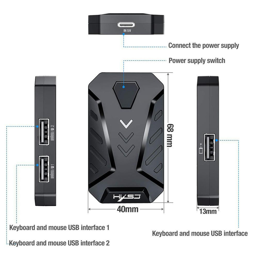 HXSJ P8 Kabelgebundener Tastatur-Maus-Konverter mit 3 USB-Anschlüssen, tragbarer Adapter für mobiles Gaming, Schwarz - Bild 6