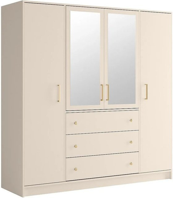Vente-unique Kleiderschrank Lizandro in Beige mit Gold-Akzenten und integrierten Schubladen sowie Spiegeltüren, Breite: 196 cm - Bild 1