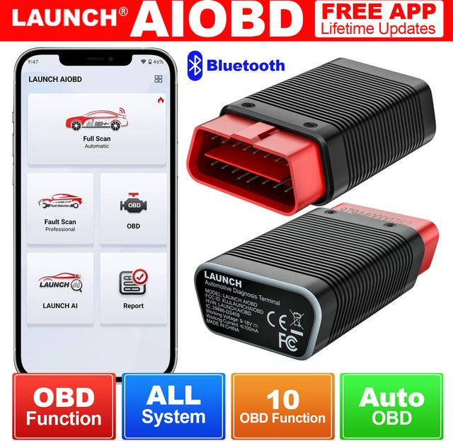 LAUNCH X431 AIOBD Bluetooth-Adapter Diagnosegerät für OBD2-Funktionen in Schwarz, kompatibel mit Android und iOS - Bild 1