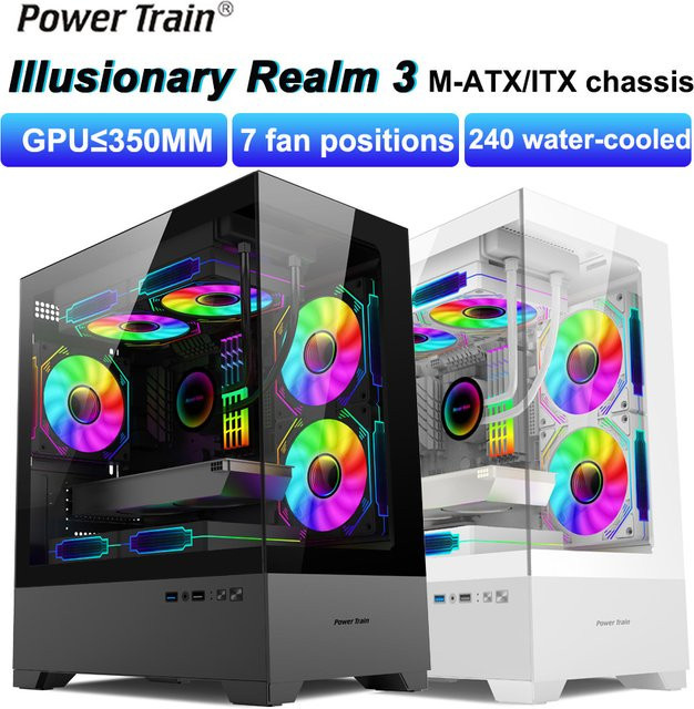 Power Train Illusionary Realm M-ATX Desktop-Gehäuse in Schwarz mit transparentem Seitenteil und Unterstützung für 350 mm GPU sowie 240 mm Wasserkühlung - Bild 1
