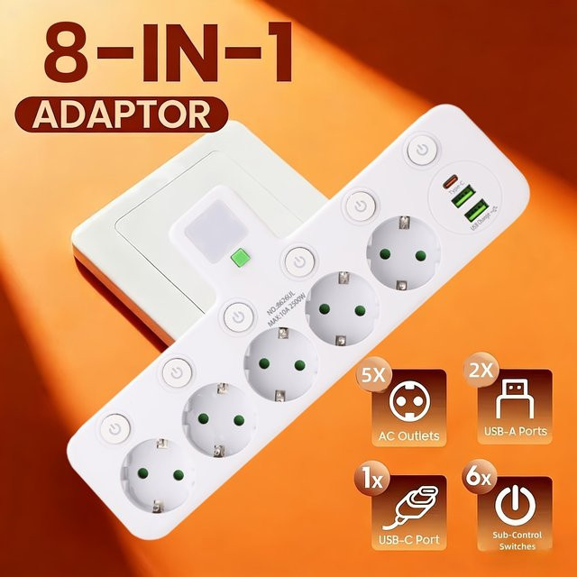 8-in-1 EU-Steckdosenleiste mit 5 AC-Steckdosen, 2 USB-Anschlüssen, 1 Typ-C-Port und Nachtlicht - Bild 1