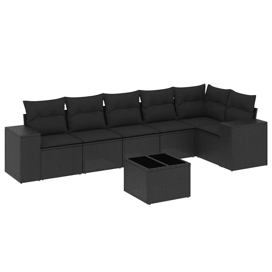 vidaXL 7-teilige Garten-Sofagarnitur in L-Form aus schwarzem Poly-Rattan mit Kissen und pulverbeschichtetem Stahlgestell - Bild 2