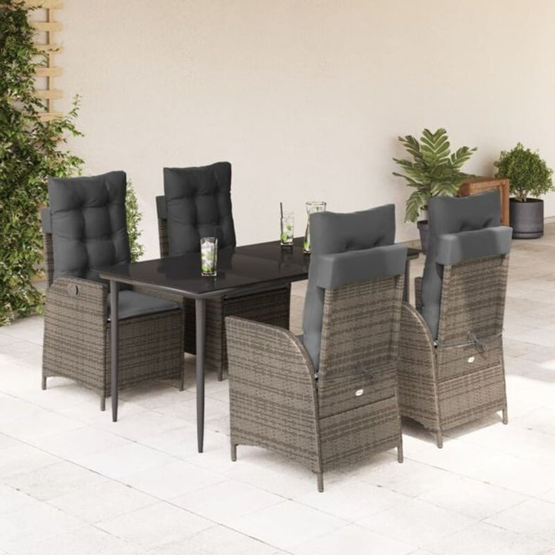 5-tlg. moderne Garten-Essgruppe aus Poly-Rattan mit Kissen und Glasplatte in Grau und Schwarz von vidaxl, B/T/H: 160 x 80 x 75 cm - Bild 1