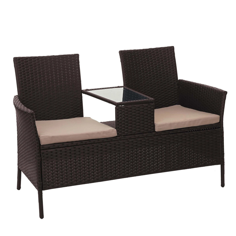 MCW Poly-Rattan Sitzbank mit Tisch E24 in Braun mit cremefarbenen Kissen, Breite: 132 cm - Bild 2