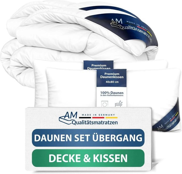 AM Qualitätsmatratzen Premium Daunen Bettdecken- und Kissen Set, Ganzjahres-Bettwäsche aus Daunen mit Baumwollhülle, Weiß, B/T/H: 155 x 220 cm - Bild 1