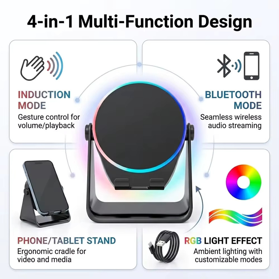 KEBIDU 4-in-1 Kabelloser Bluetooth Induktionslautsprecher mit RGB-Beleuchtung und drehbarem Telefonständer in Schwarz - Bild 2