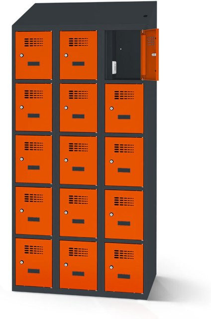 rotstahl Fächerschrank mit Ladefunktion und 15 Fächern in Orange mit anthrazitgrauem Korpus, B: 120 cm, H: 200 cm - Bild 1