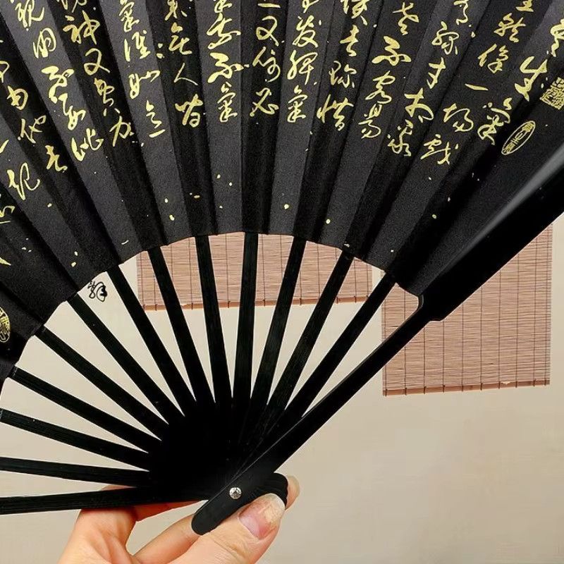 Elster Handfächer aus Seide und Spitze in Schwarz im Retro-Design für Hanfu und Cheongsam - Bild 5