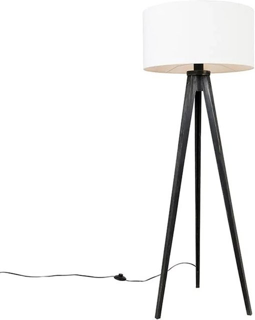 QAZQA Tripod Classic Stehleuchte mit Stativ aus Holz und weißem Stoffschirm, Schwarz/Weiß - Bild 1