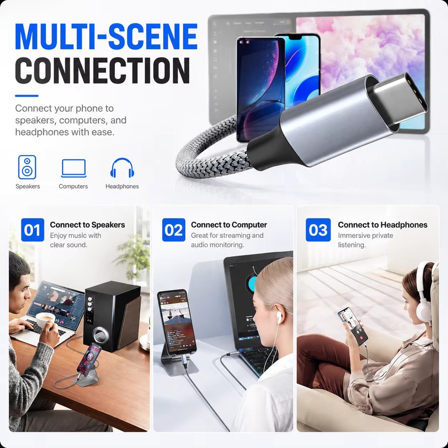 USB-C auf 3,5mm AUX Audiokabel in Schwarz, Geflochtener HiFi-Adapter für Kopfhörer, Lautsprecher und Auto-Stereoanlagen - Bild 2