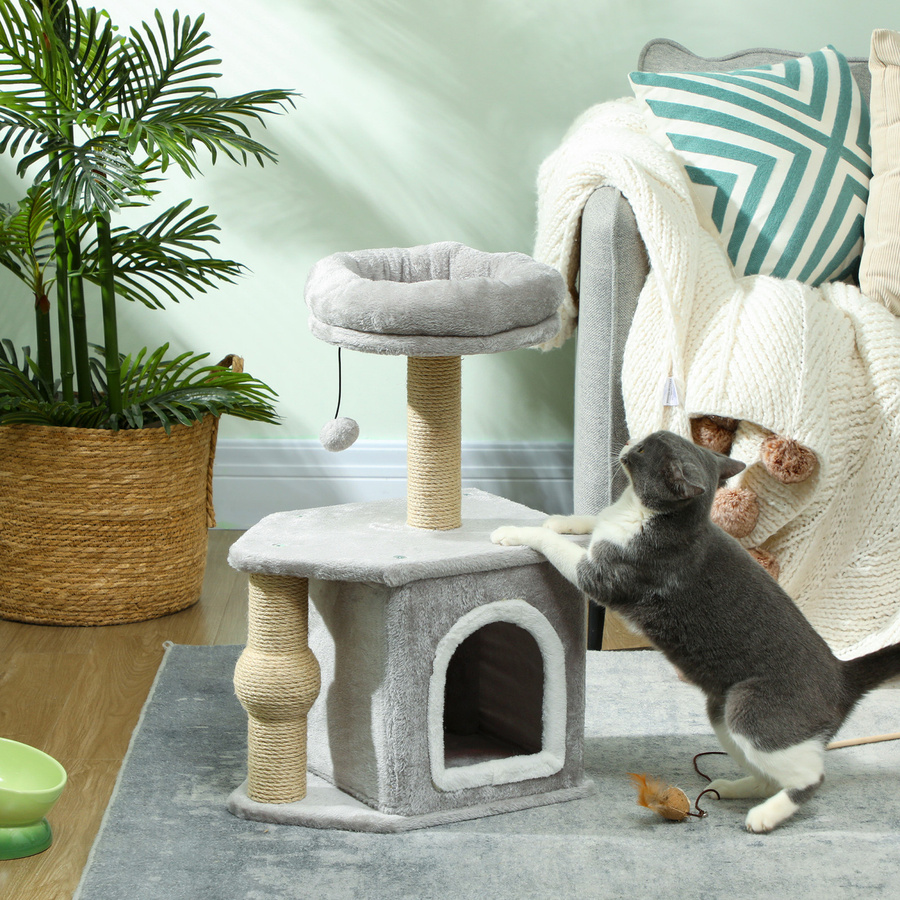 Aosom Katzenbaum Hellgrau mit Kratzsäulen aus Jute, Katzenbett-Haus, Plattform und Spielball, Höhe: 66 cm - Bild 2