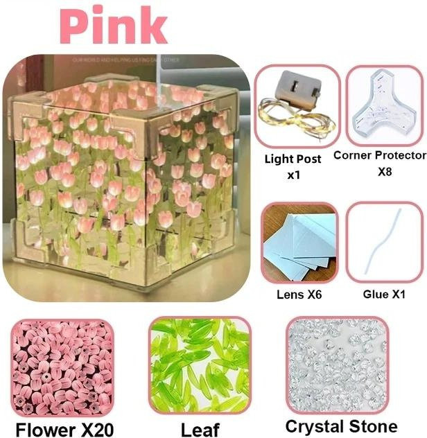 Meiteai-Home DIY 3D Tulpen Nachtlicht als kreatives Handwerk im Würfel-Design, Pink, USB-Betrieb - Bild 1