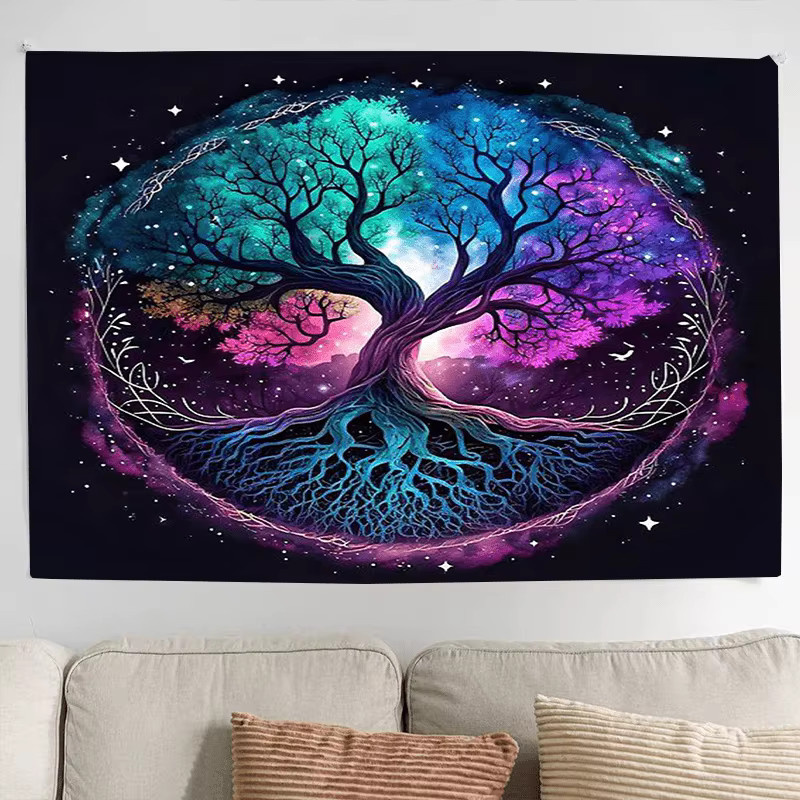 VIKAMA Wandteppich Baum des Lebens mit Sternenhimmel und Nebel im nordischen Stil, Mehrfarbig, B/H: 75 x 58 cm - Bild 2