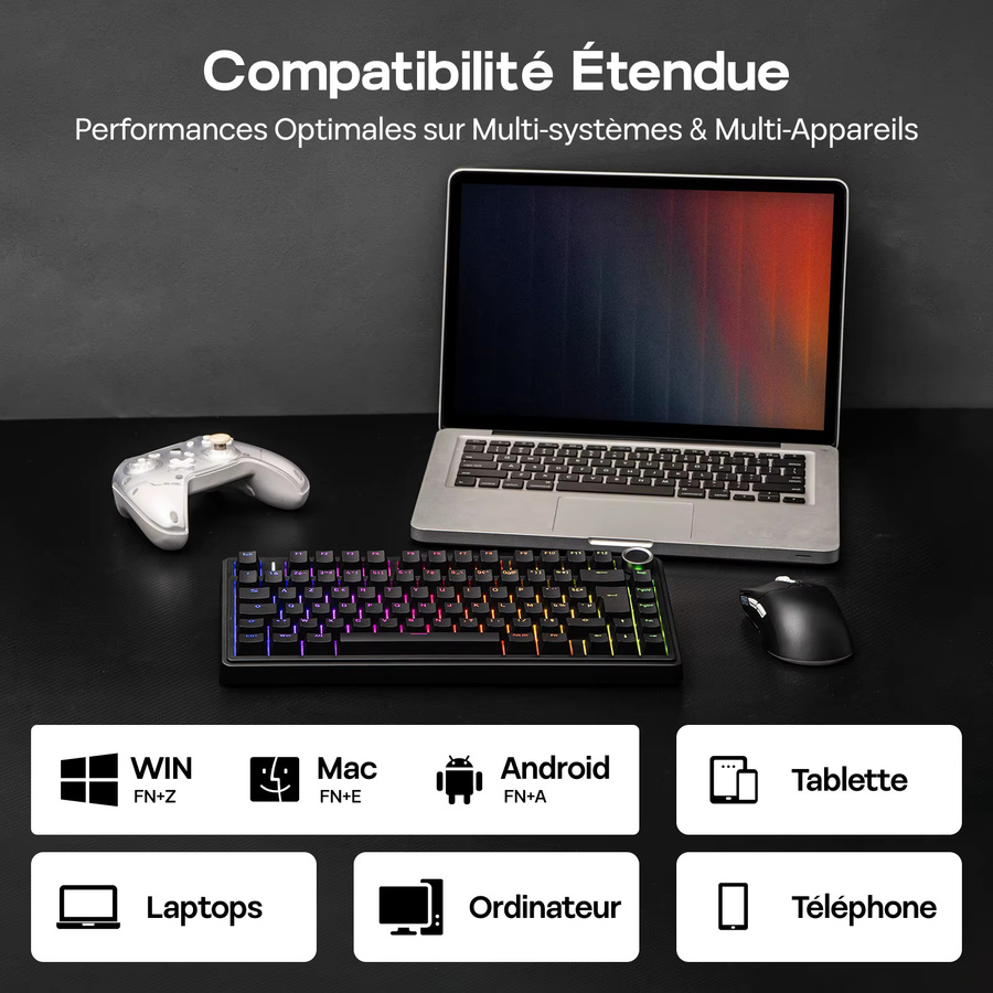 AULA F75 Mechanische Gaming-Tastatur mit AZERTY Französisches Layout, RGB-Hintergrundbeleuchtung, Bluetooth, 2,4G und Kabelverbindung, Schwarz, 4000-mAh-Akku für Win/Mac/PC - Bild 3