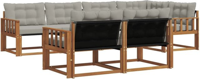 vidaXL Outdoor-Sofagarnitur aus Akazienholz in L-Form, 7-teiliges Set mit Kissen und Textilene-Bezug, Natur und Hellgrau - Bild 1